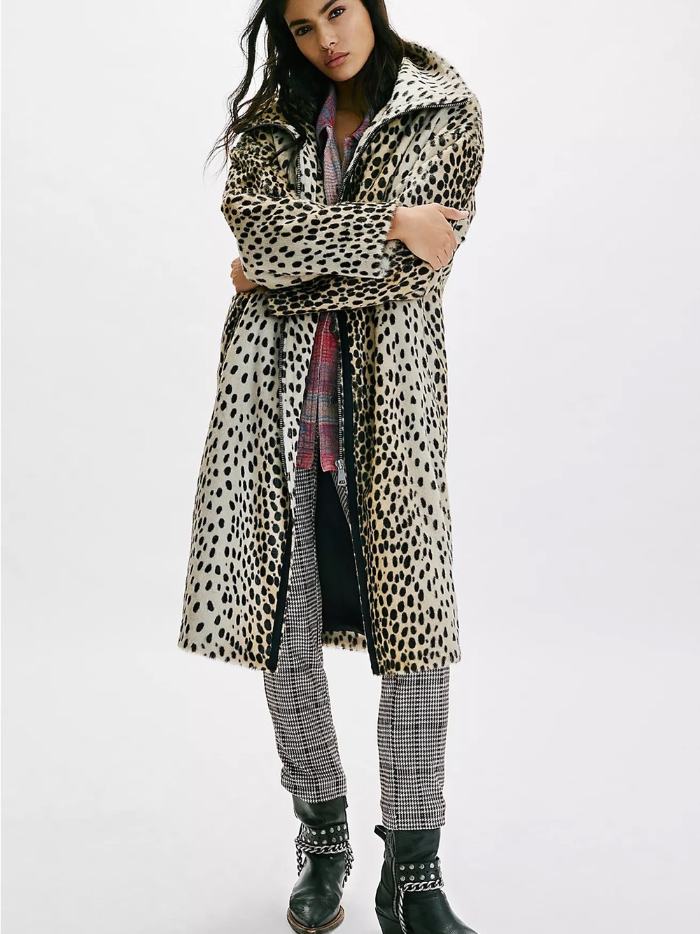 Free People Faux Fur Leopard Print Long Coat - Black & Cream